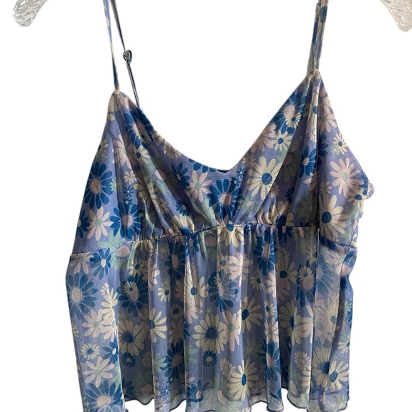 RSQ Womens Daisy Mesh size Large 
Cami  BLUE floral cropped sleeveless sheer top - Picture 5 of 7